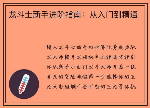 龙斗士新手进阶指南：从入门到精通